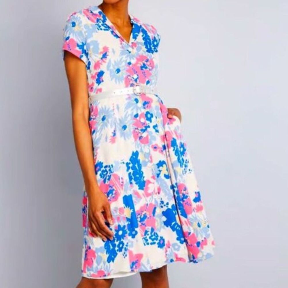 ModCloth "Exciting Find" Blue & Pink Floral Pattern Belted Shirt Dress - Size S - Picture 9 of 9